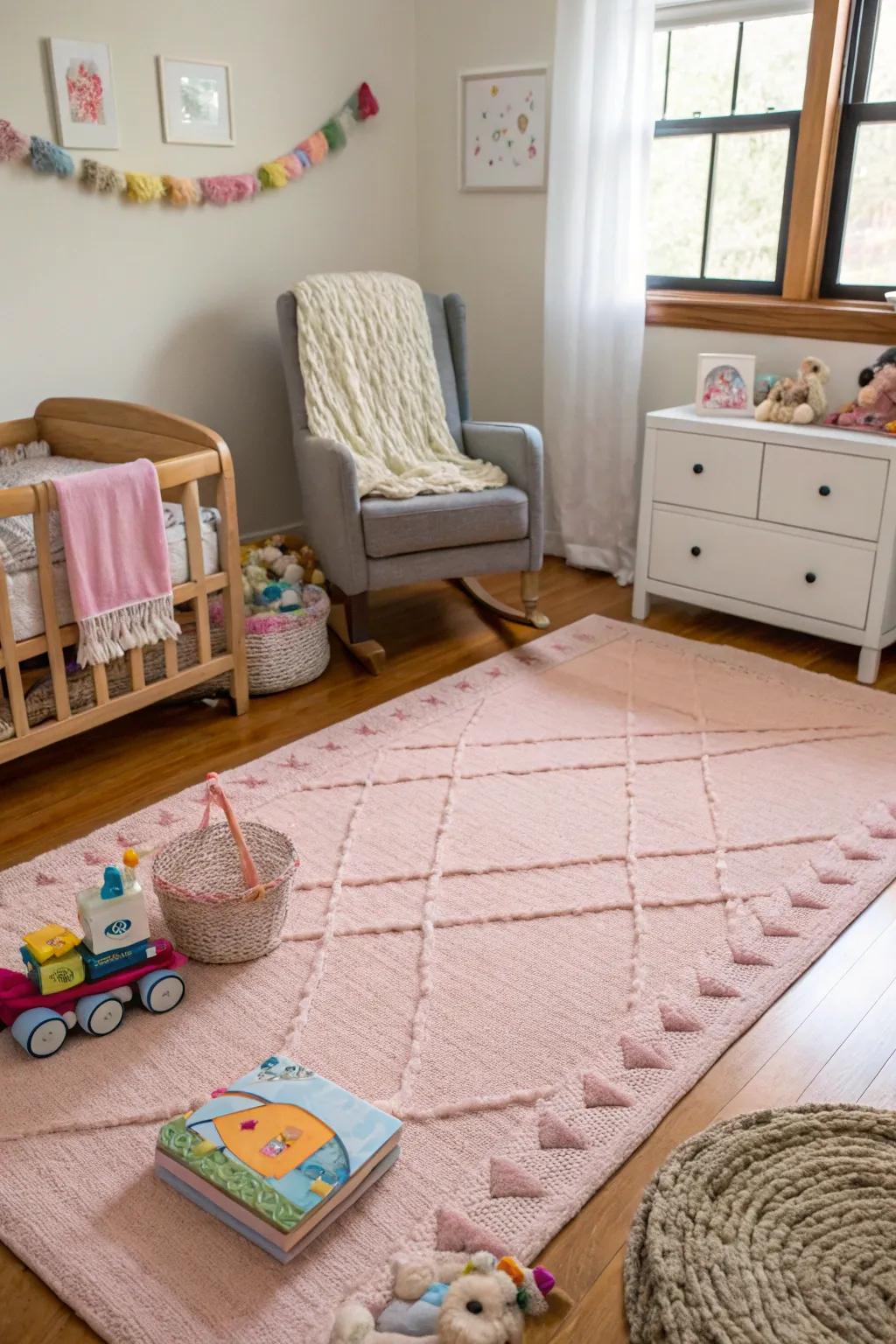 A plush pink rug adds comfort and style to the nursery floor.