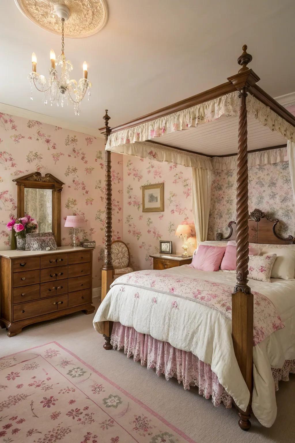Rose floral wallpaper adds a romantic touch to this vintage-inspired bedroom.