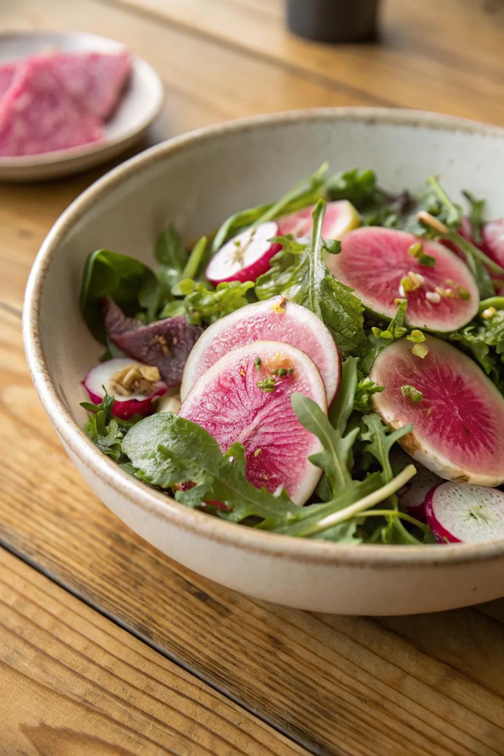 A watermelon radish salad brings a splash of pink to your plate.