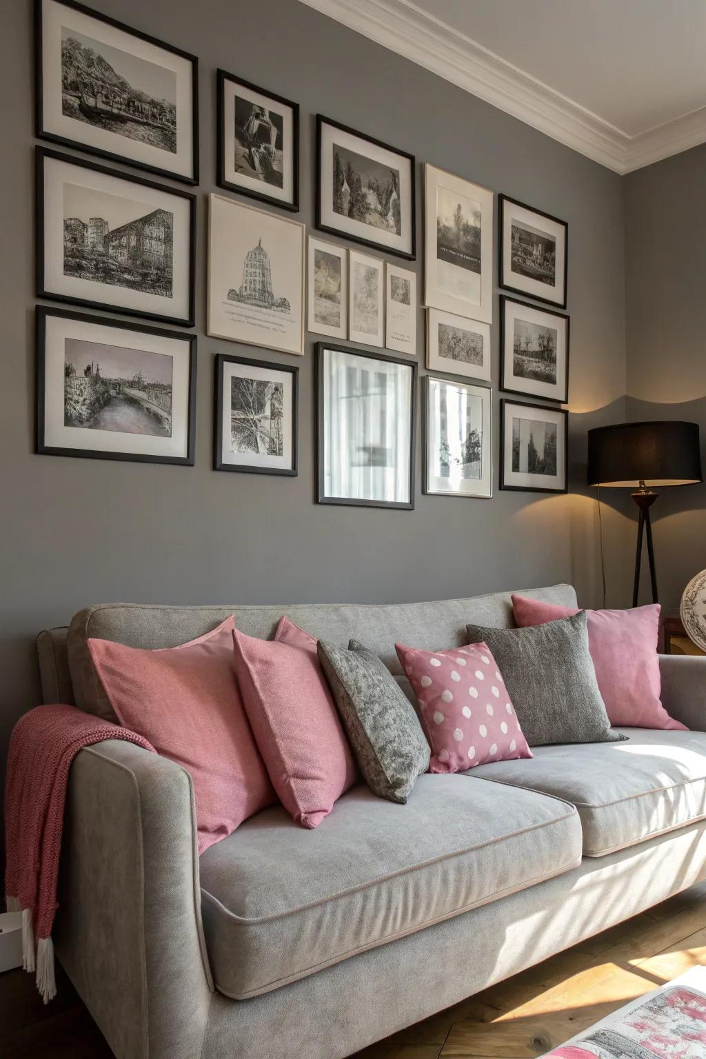 Daring black and white art on grey walls for a contemporary twist.