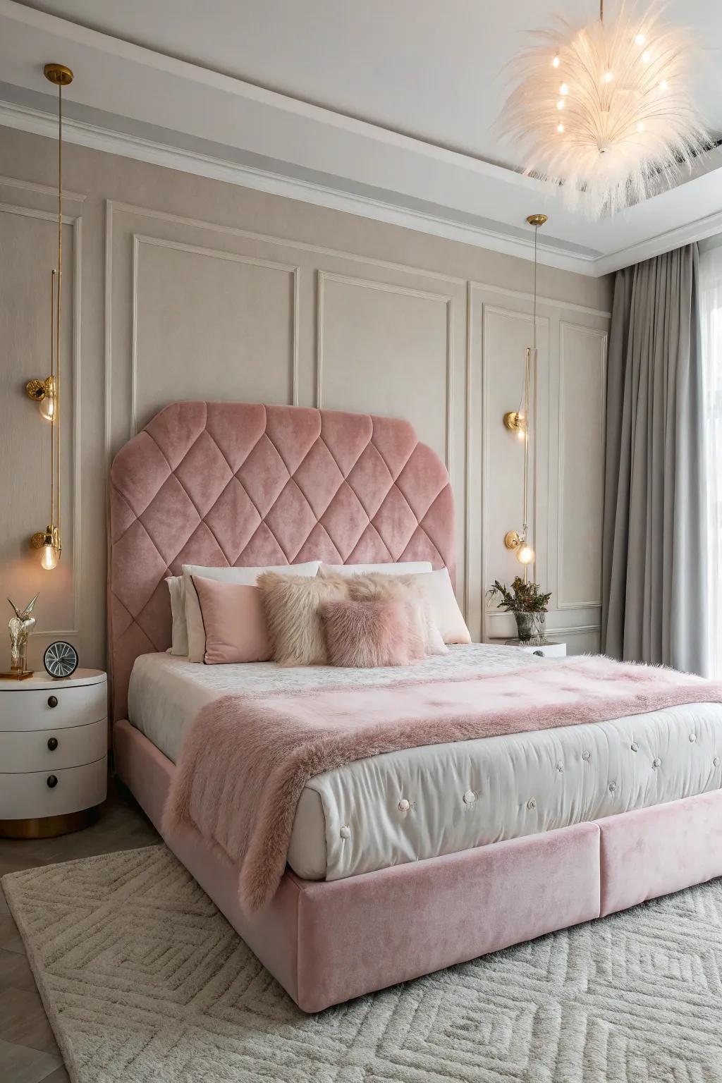 A whimsical and cozy bedroom featuring a rose-tinted plush panel.