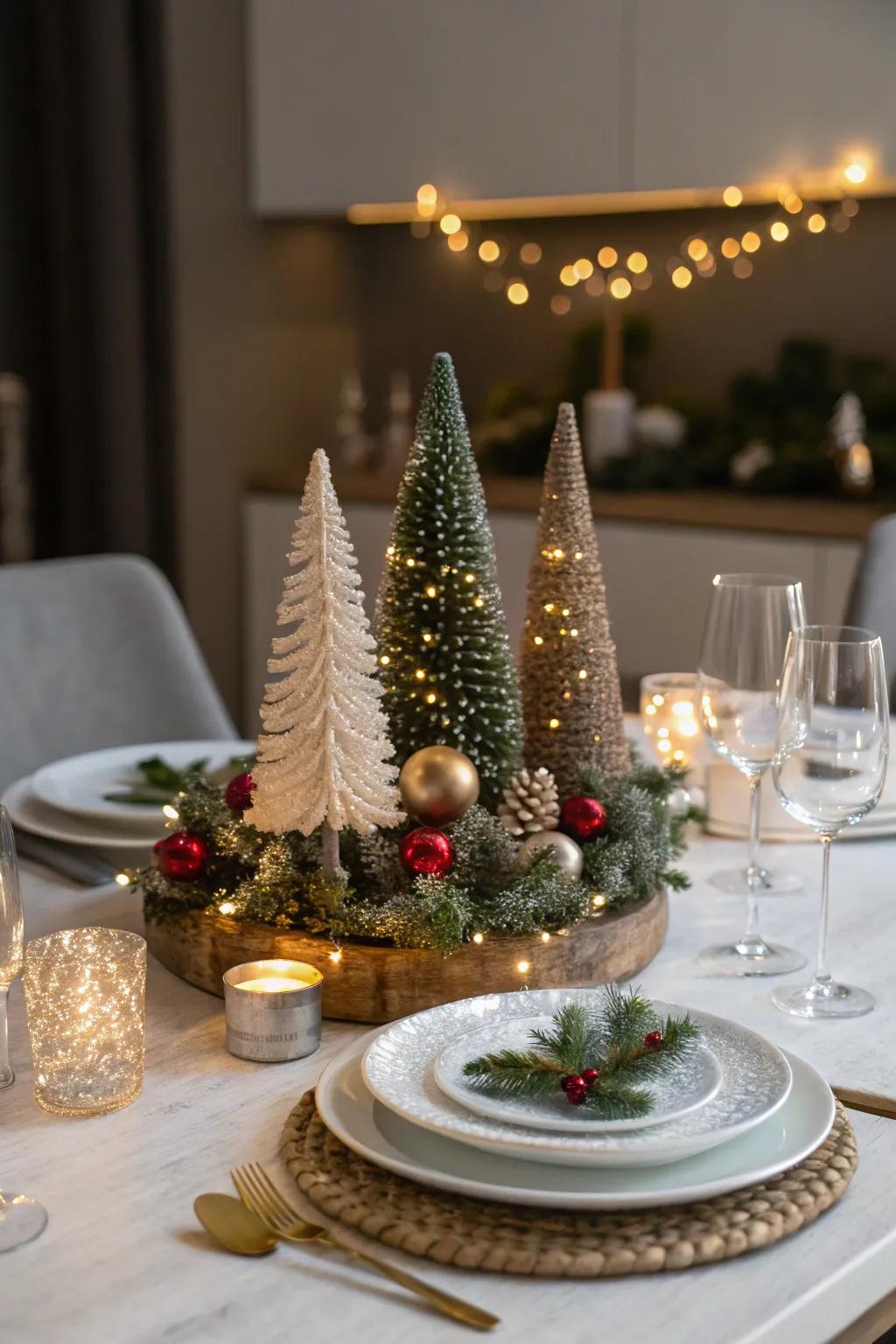 Small-scale tree exhibits contribute to a spirited touch for your dining setting.