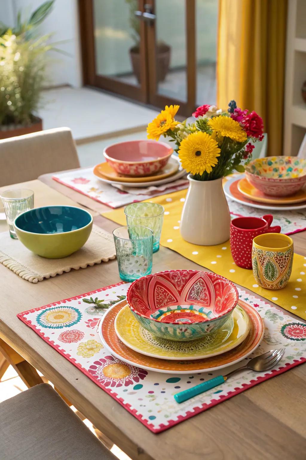 Vivid and colorful patterns inject a sense of fun and liveliness into your dining setting.