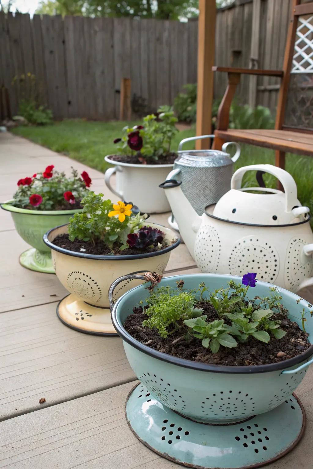 Repurpose cookware into unique planters.