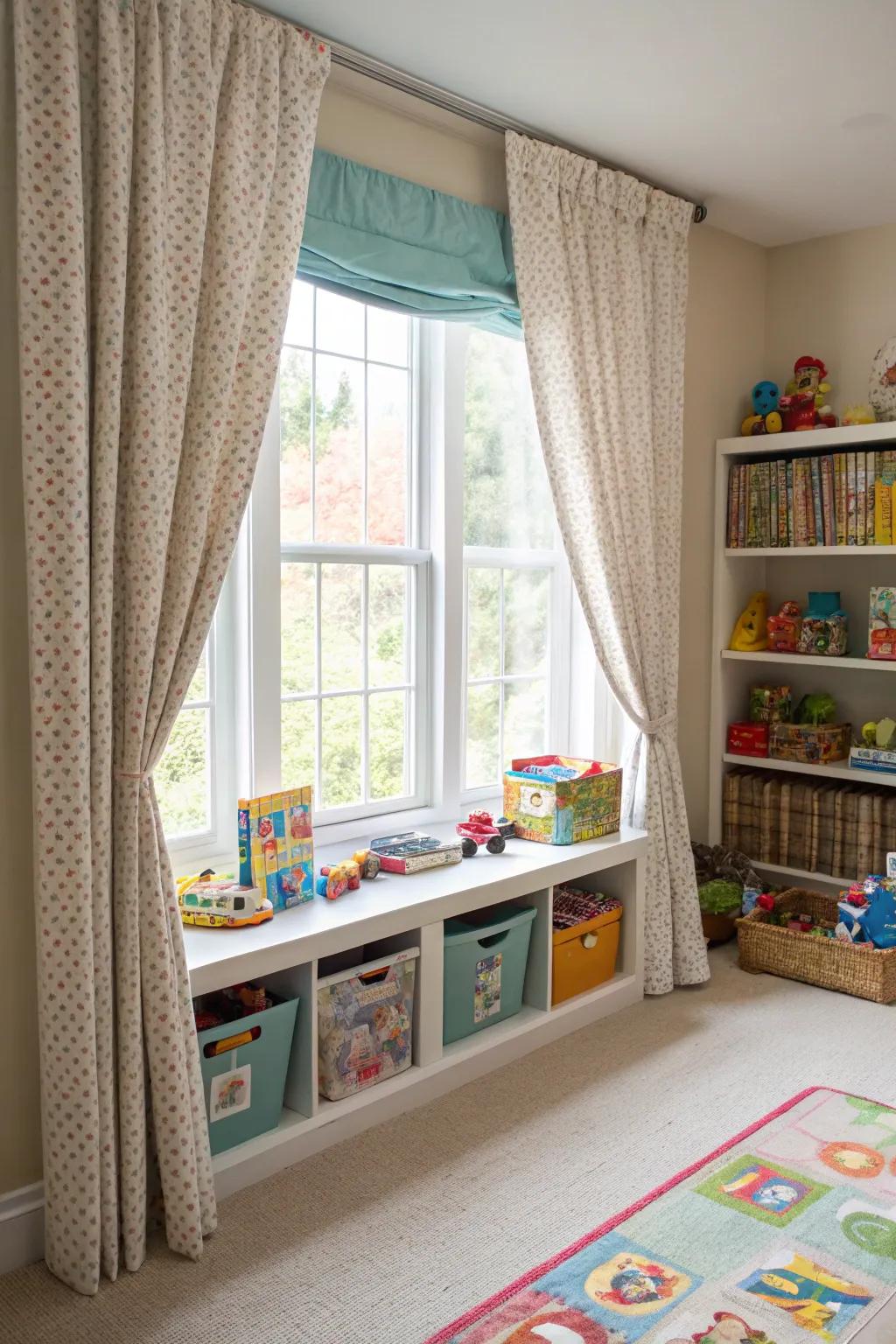 Curtains cleverly conceal storage under the window.