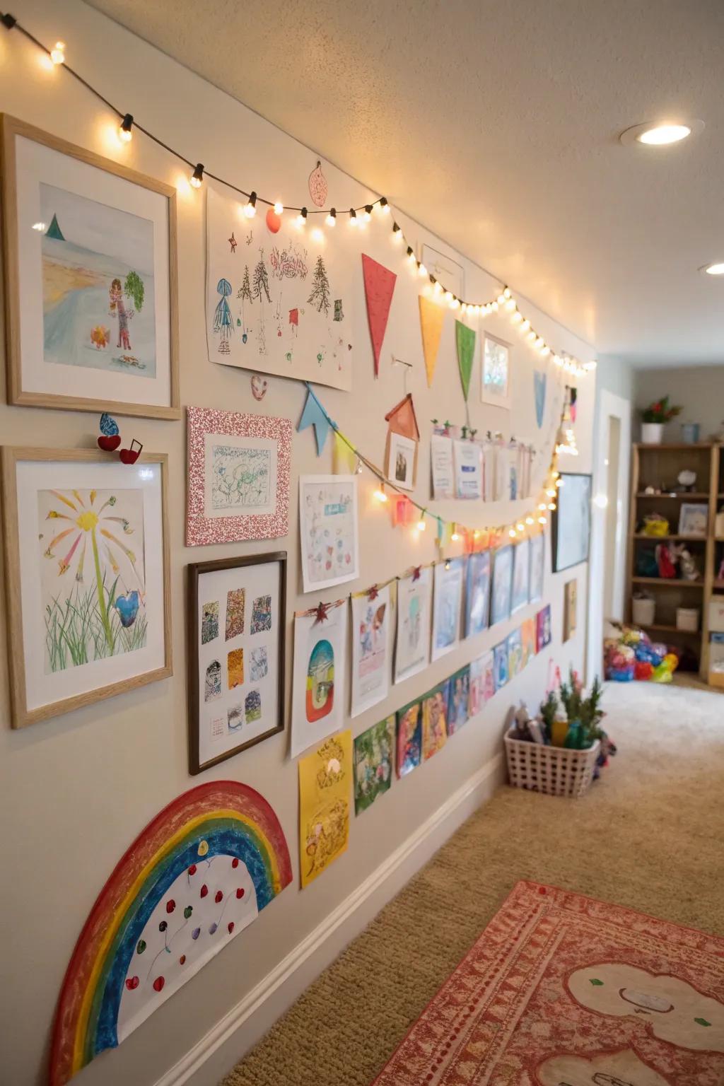 Children's artwork is tastefully displayed on a playroom wall, giving it a personal touch.