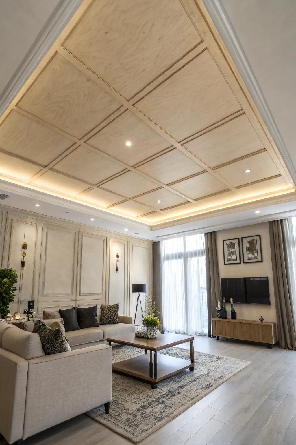 A straightforward yet stylish plywood ceiling that complements a modern aesthetic.