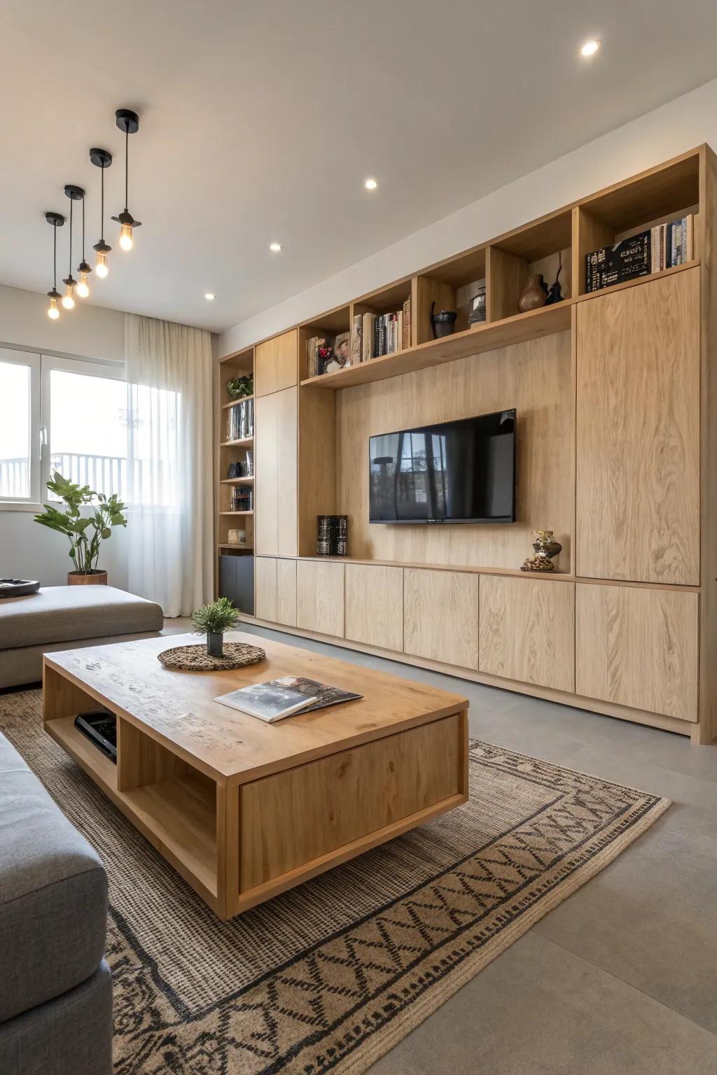 Wood panel furniture makes this living room feel luxurious.
