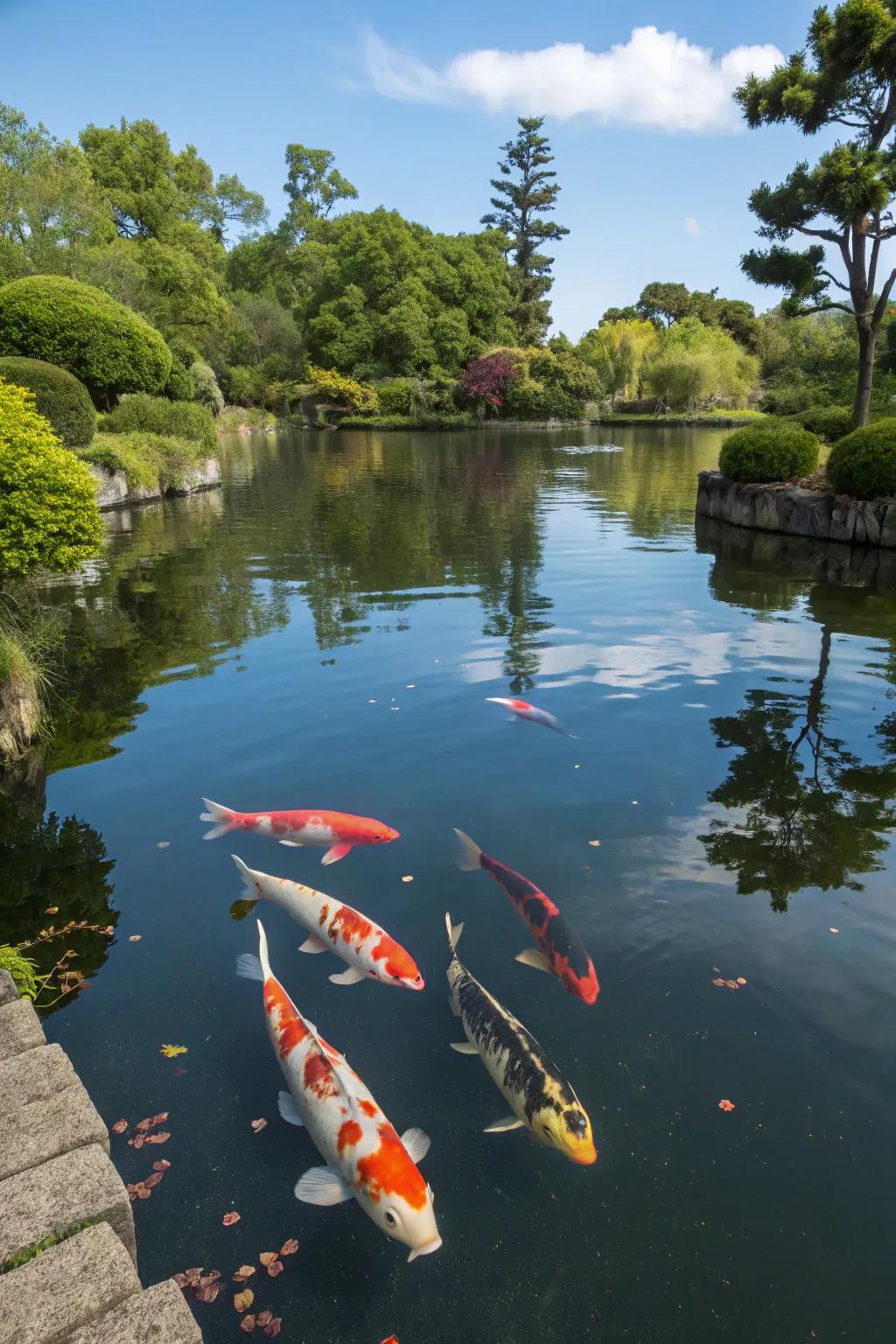 Lively koi fish adding life to a peaceful pond.