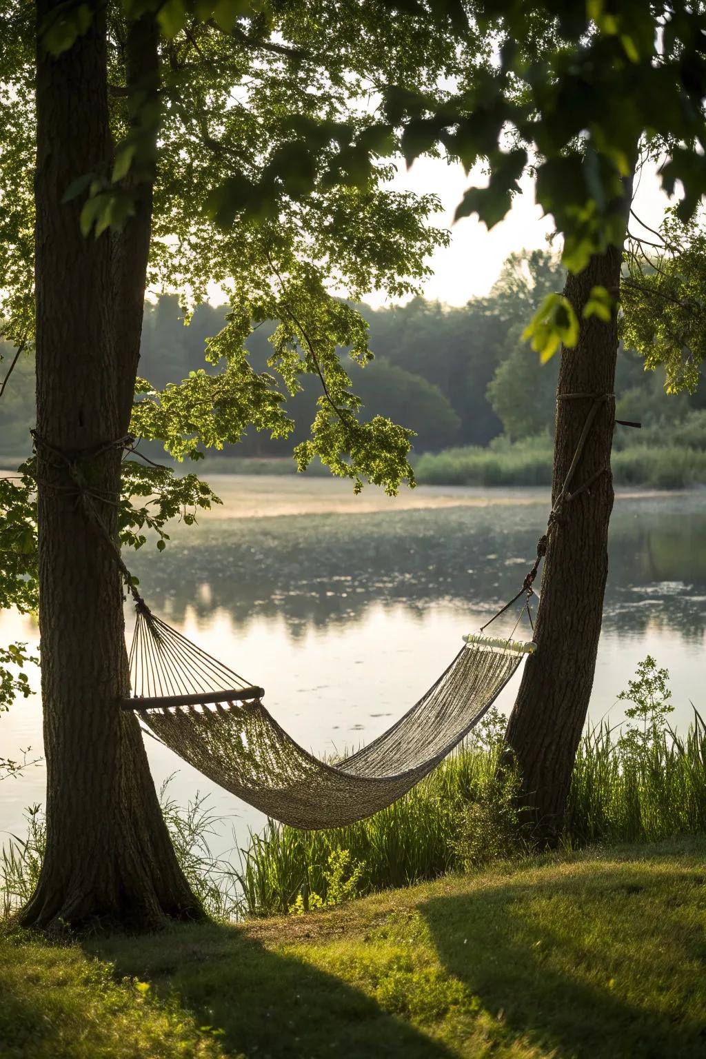 A hammock furnishes a comforting refuge by the pond.