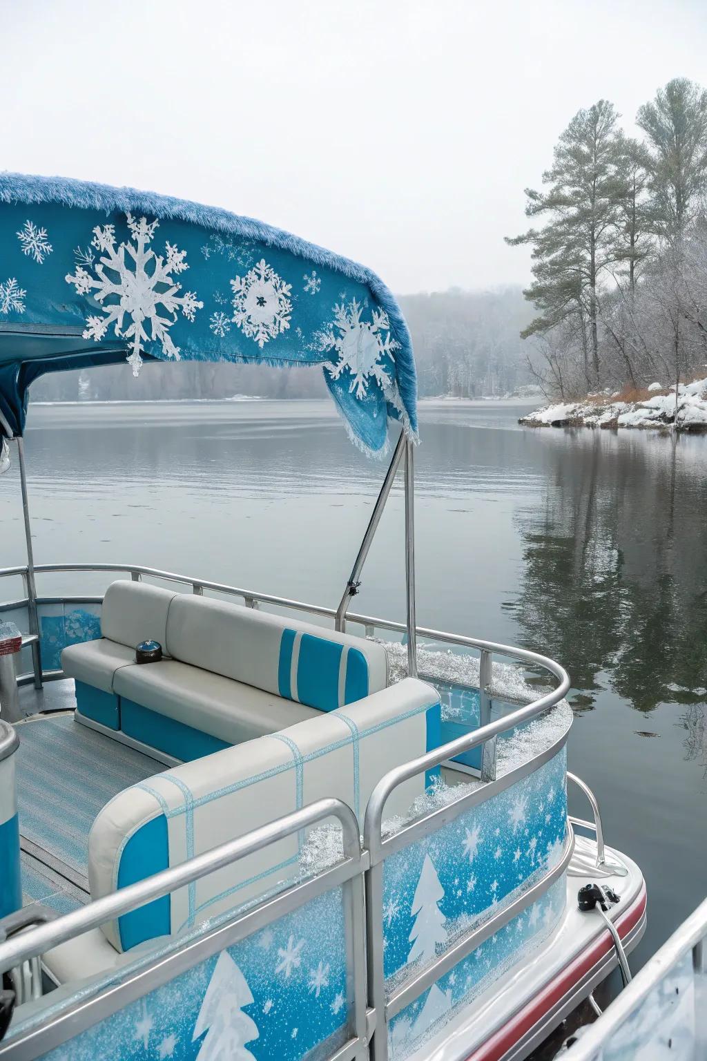 A pontoon boat designed with a winter wonderland theme, embellished with sparkling snowflakes.