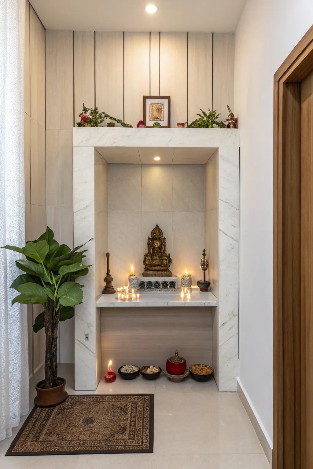 Compact yet functional, this pooja corner makes the most of limited space.