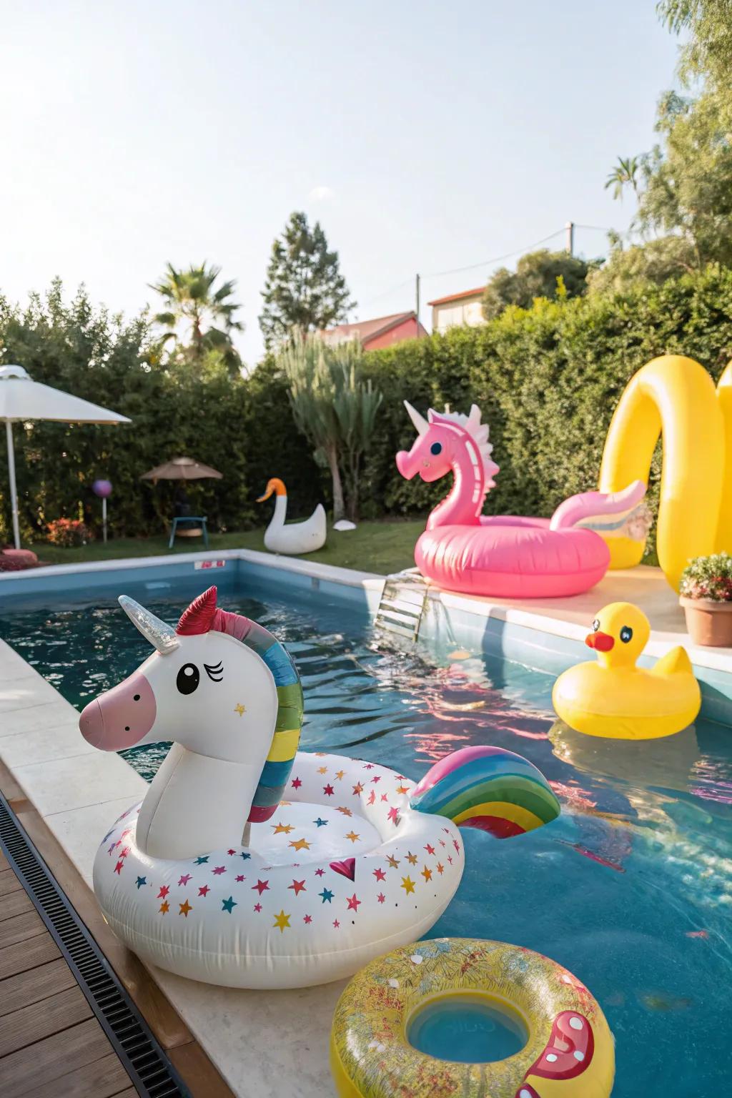 Whimsical themed aquatic toys injecting joy into the pool.