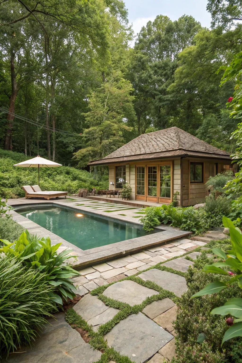 A pool house beautifully integrated with abundant greenery.