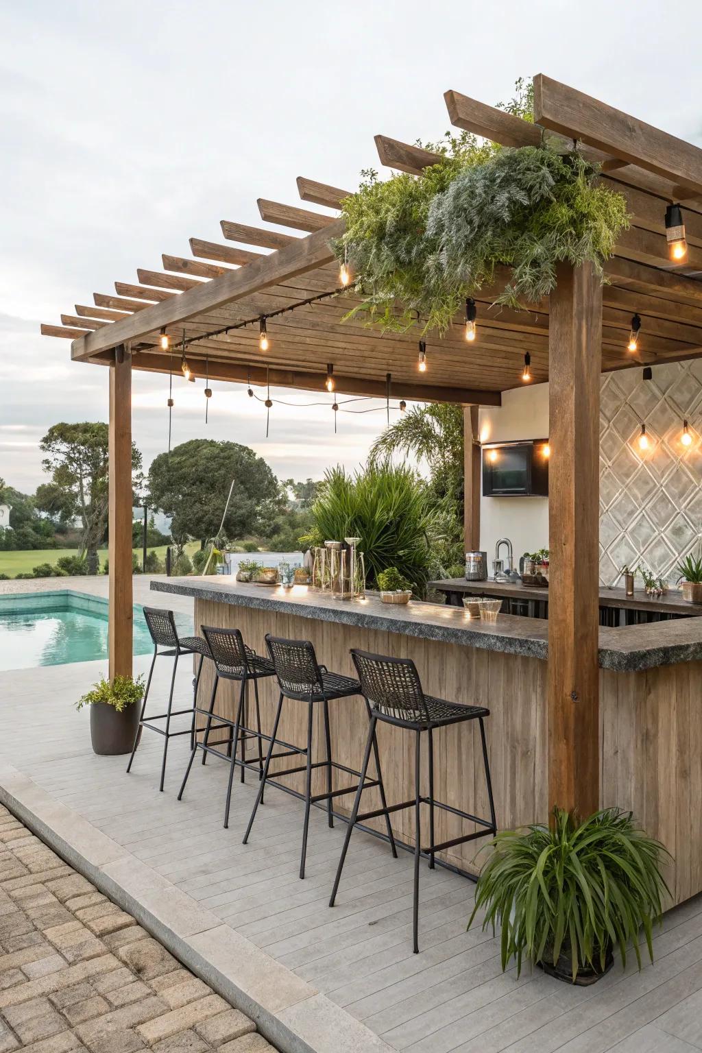 A bar beneath a pergola creates an ideal outdoor setting.