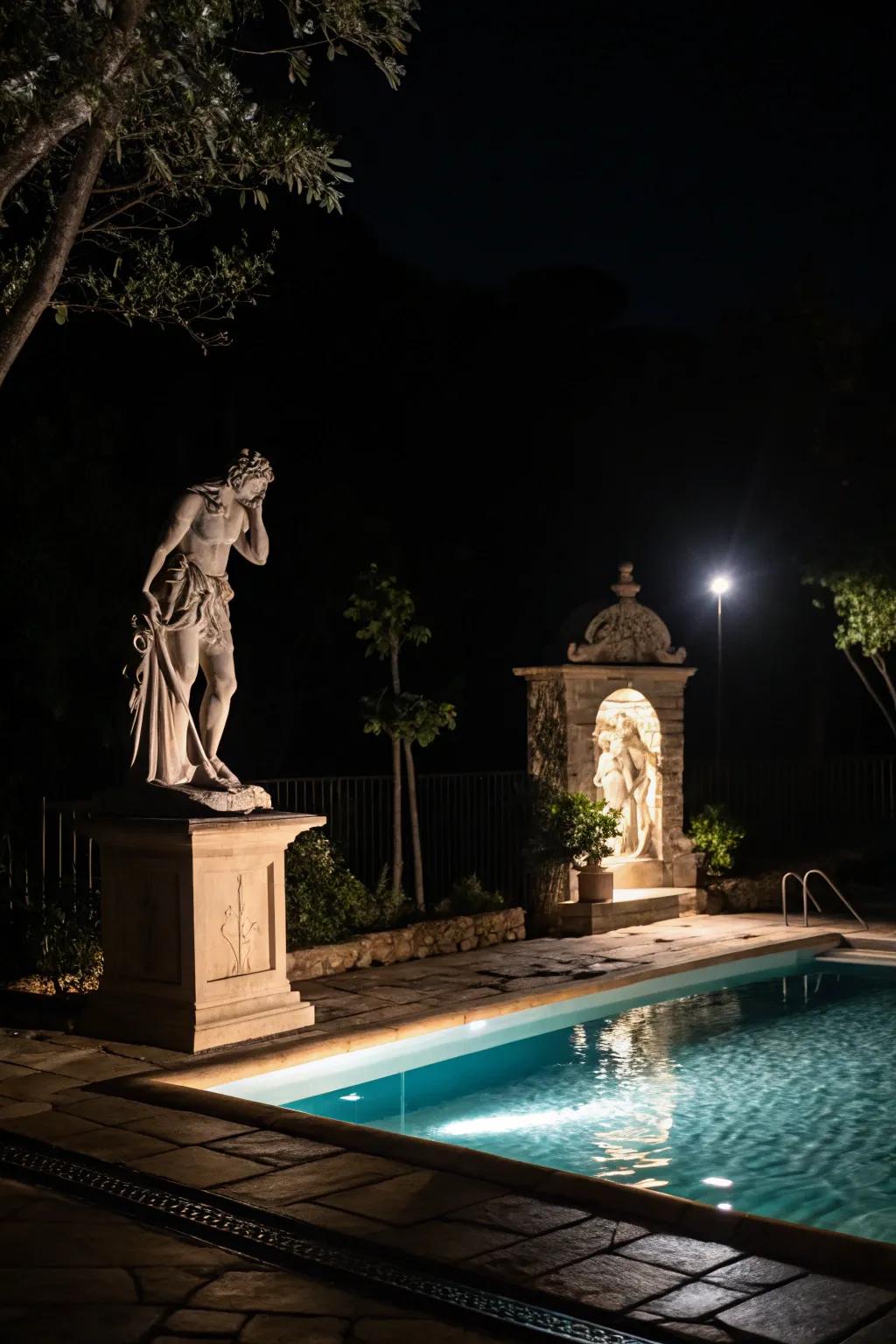 Spotlights make accent features a nighttime spectacle.
