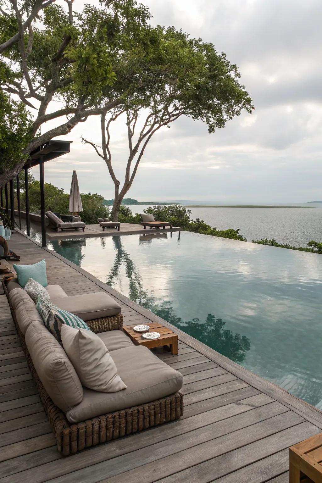 A pool pond equipped with a cozy deck for ultimate relaxation.