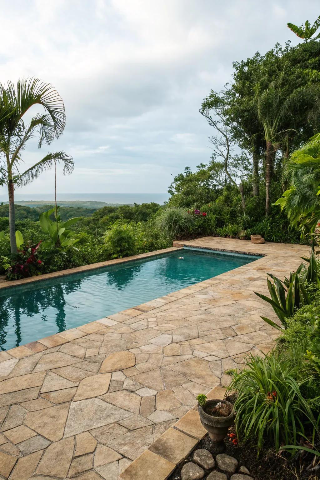 Natural stone-like tiles create a perfect blend with the surrounding landscape.