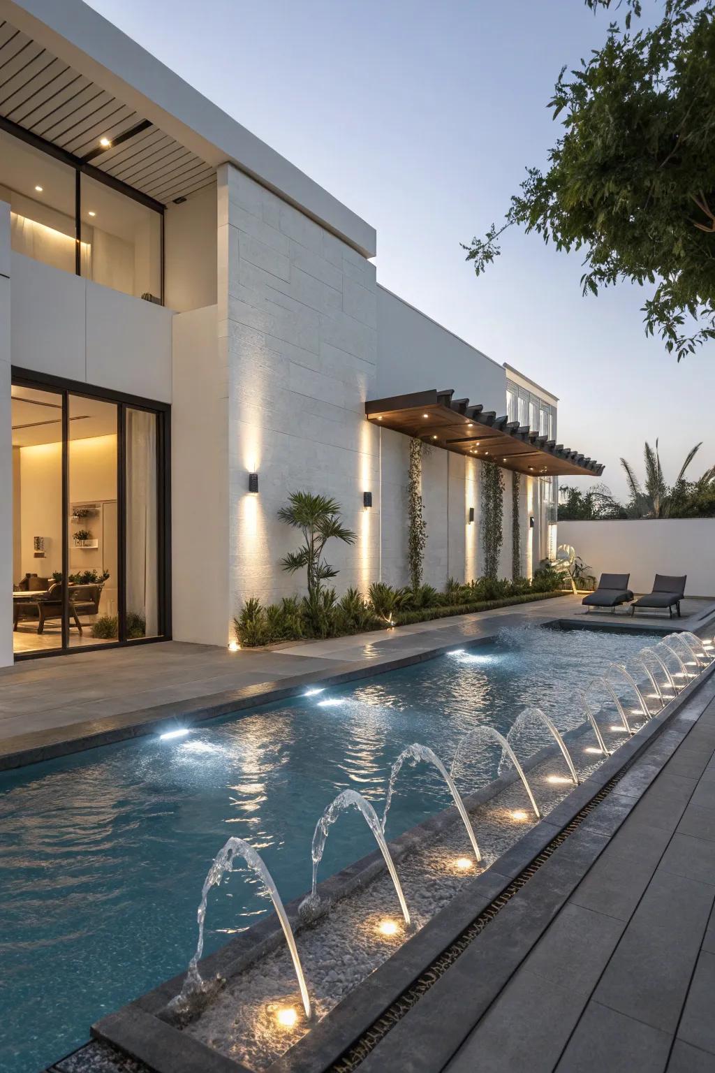 Modern water spouts offer a sleek and illuminated pool experience.