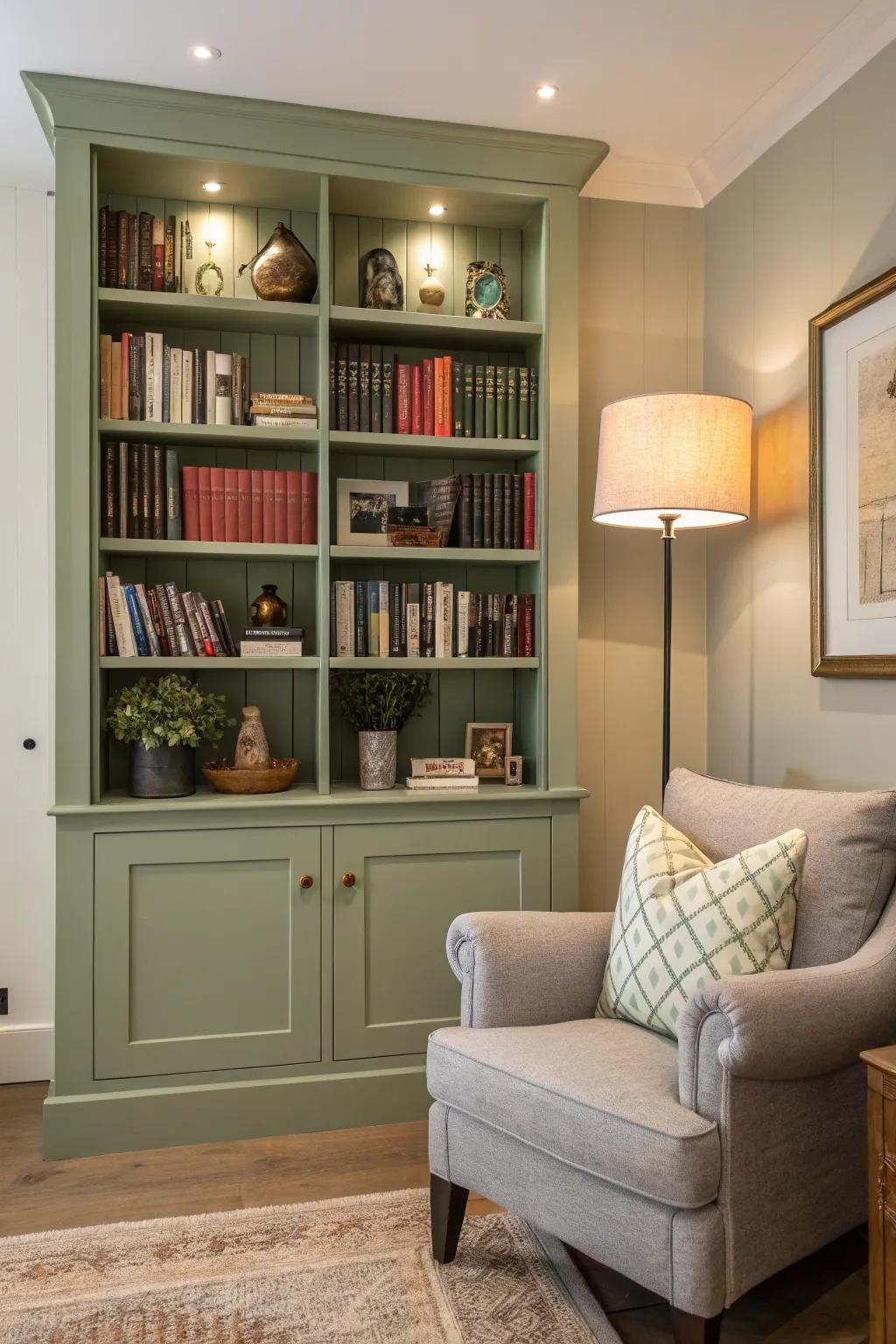 Sage green introduces a calming feel to cozy spaces.