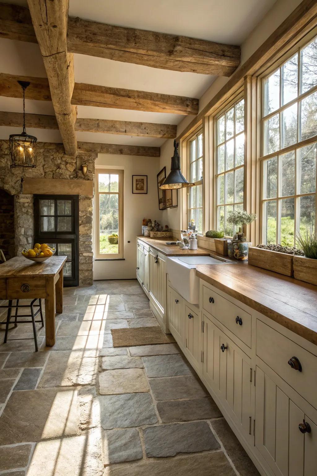 Natural stone floors radiate timeless elegance and a hint of rustic charm.