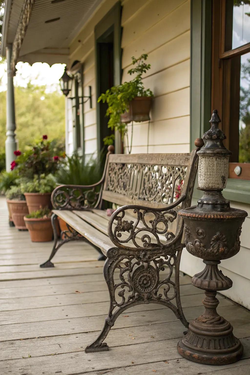 A classic metal bench imparts a timeless charm to any porch.