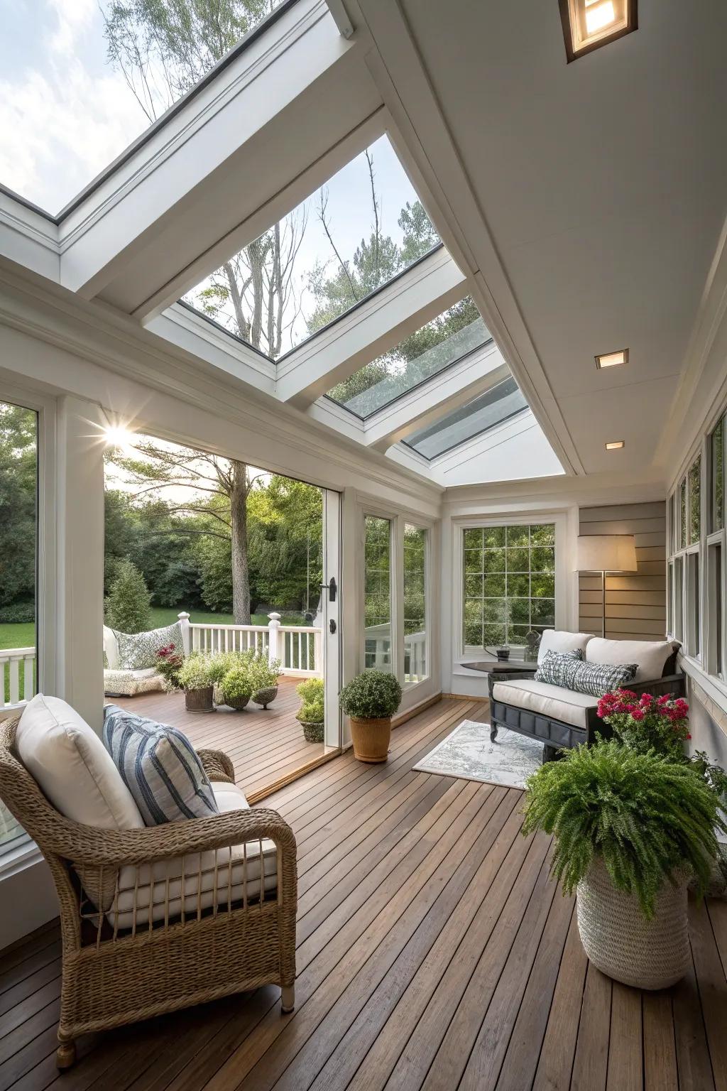 A porch addition with overhead windows that allow natural light to stream in.