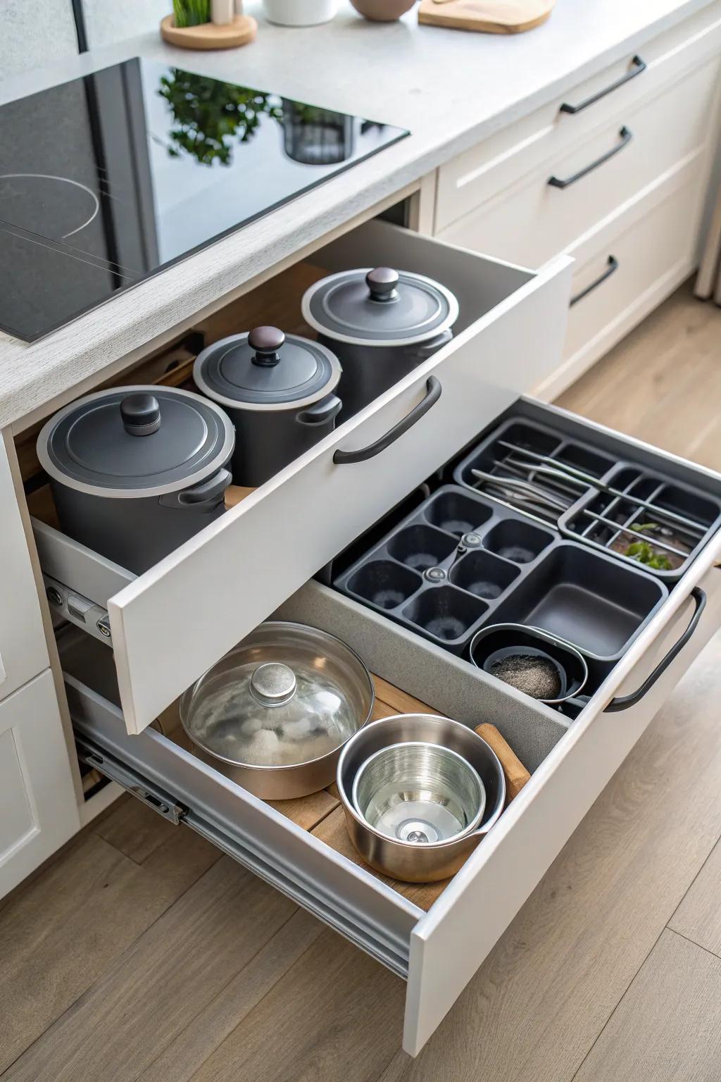 Customizable inserts in deep drawers keep cookware organized.