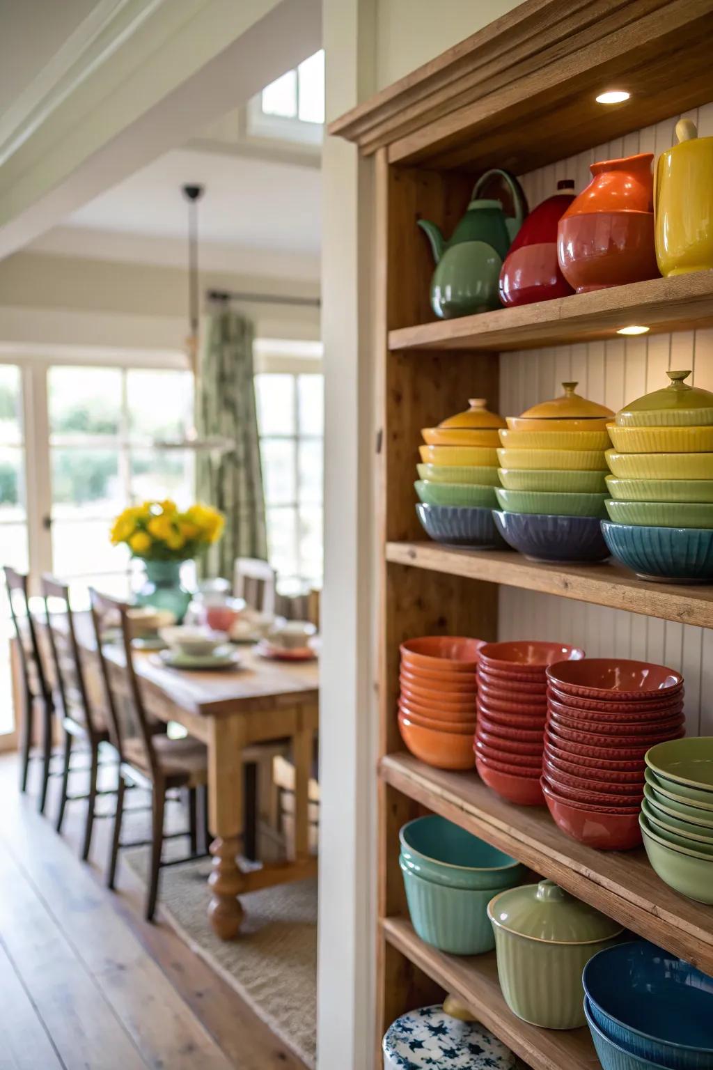 A color-coded pottery display creating a rainbow effect.