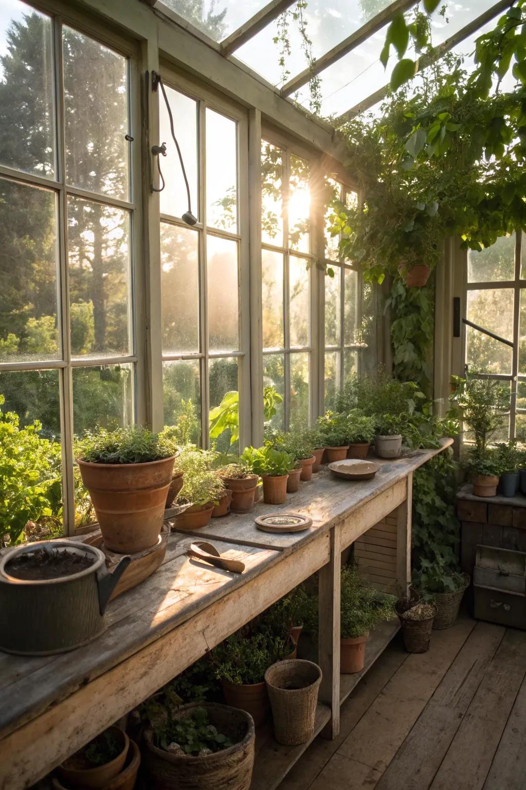 A potting shed bathed in natural sunlight.