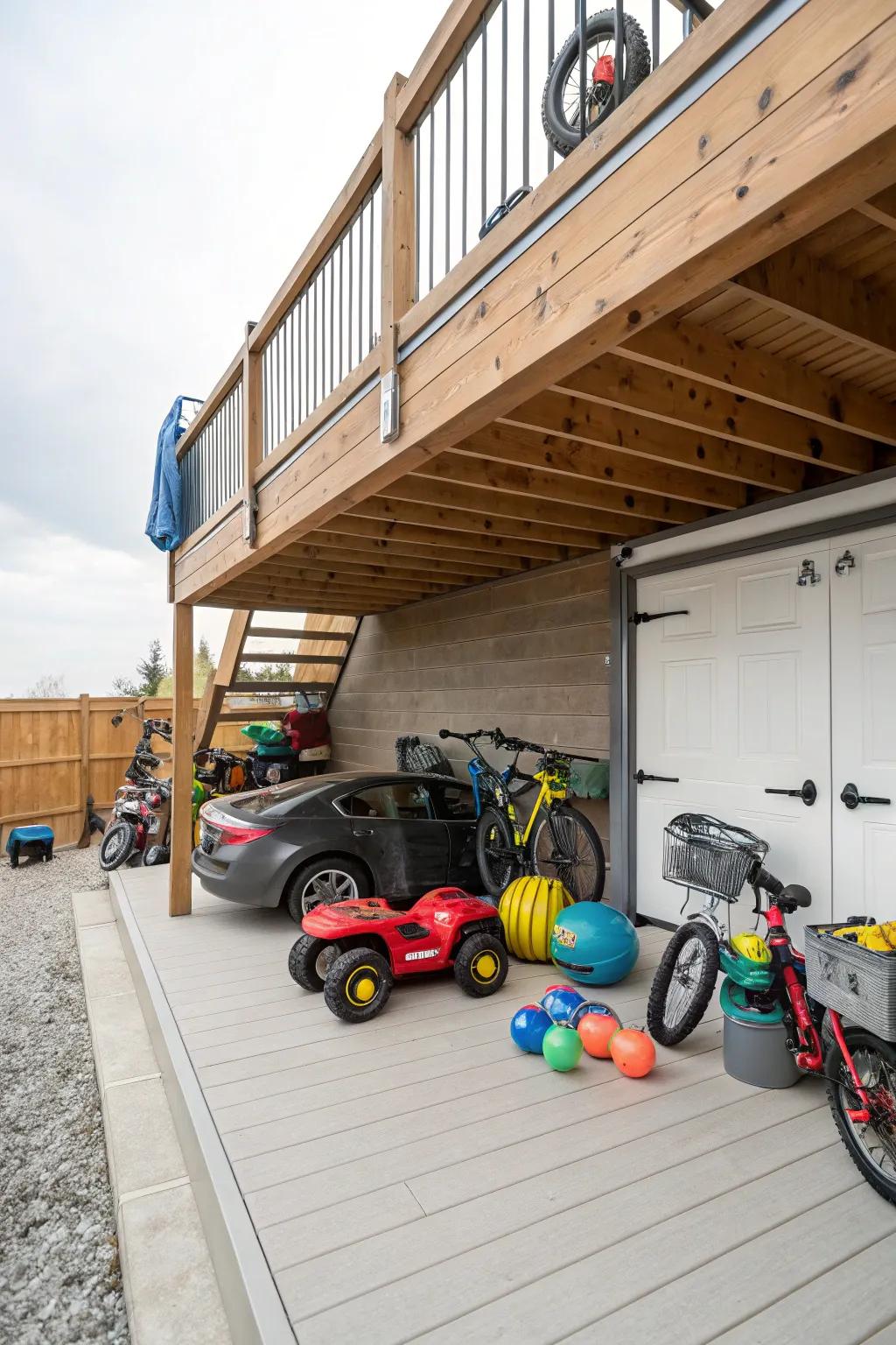 Making use of under-deck space for concealed electric ride-on car storage.
