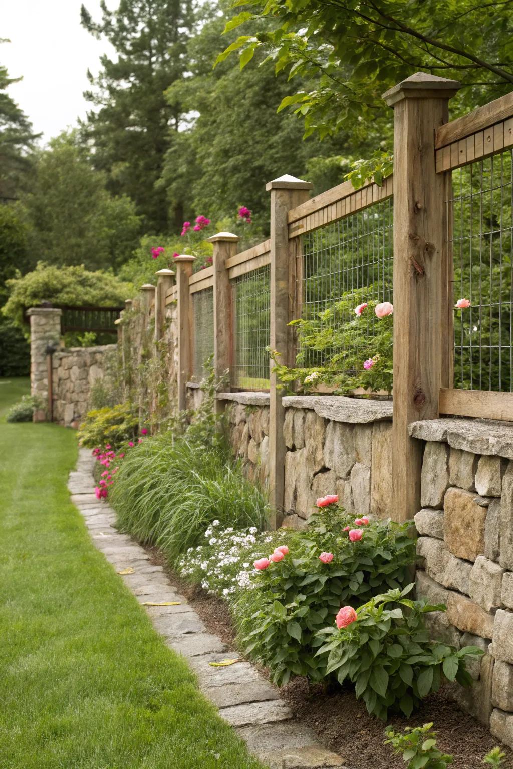 Stone and wood combine to form a sturdy and charming fence.