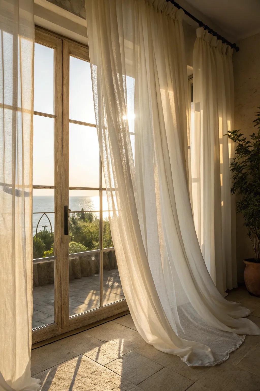 Wispy curtains create a bright, airy feel with added privacy.