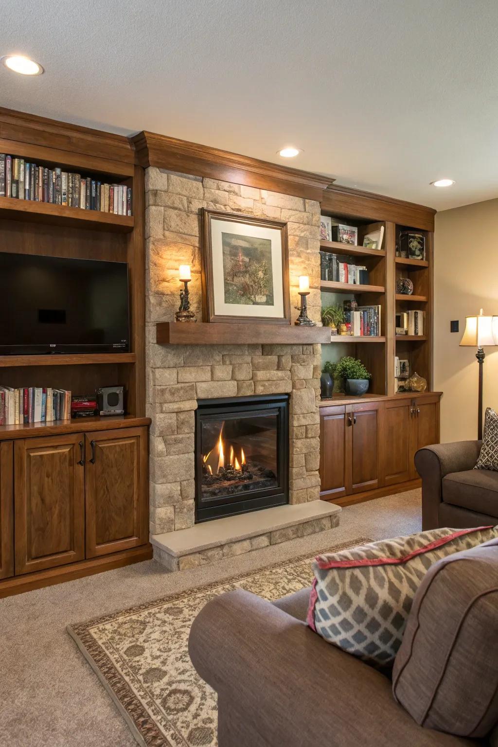 A living area with a custom wall structure including a propane fireplace.