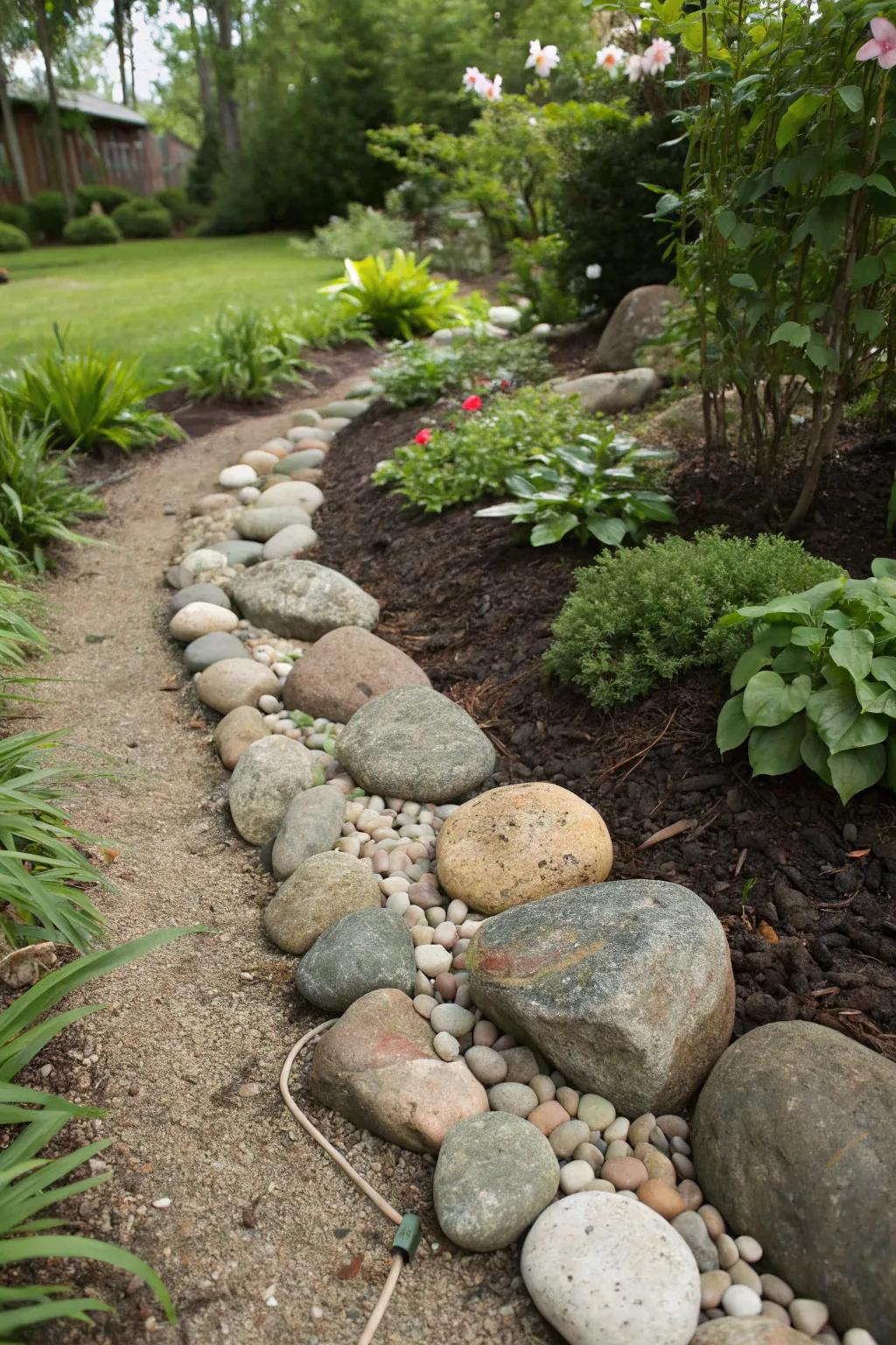 Artistic gravel and stone land border.