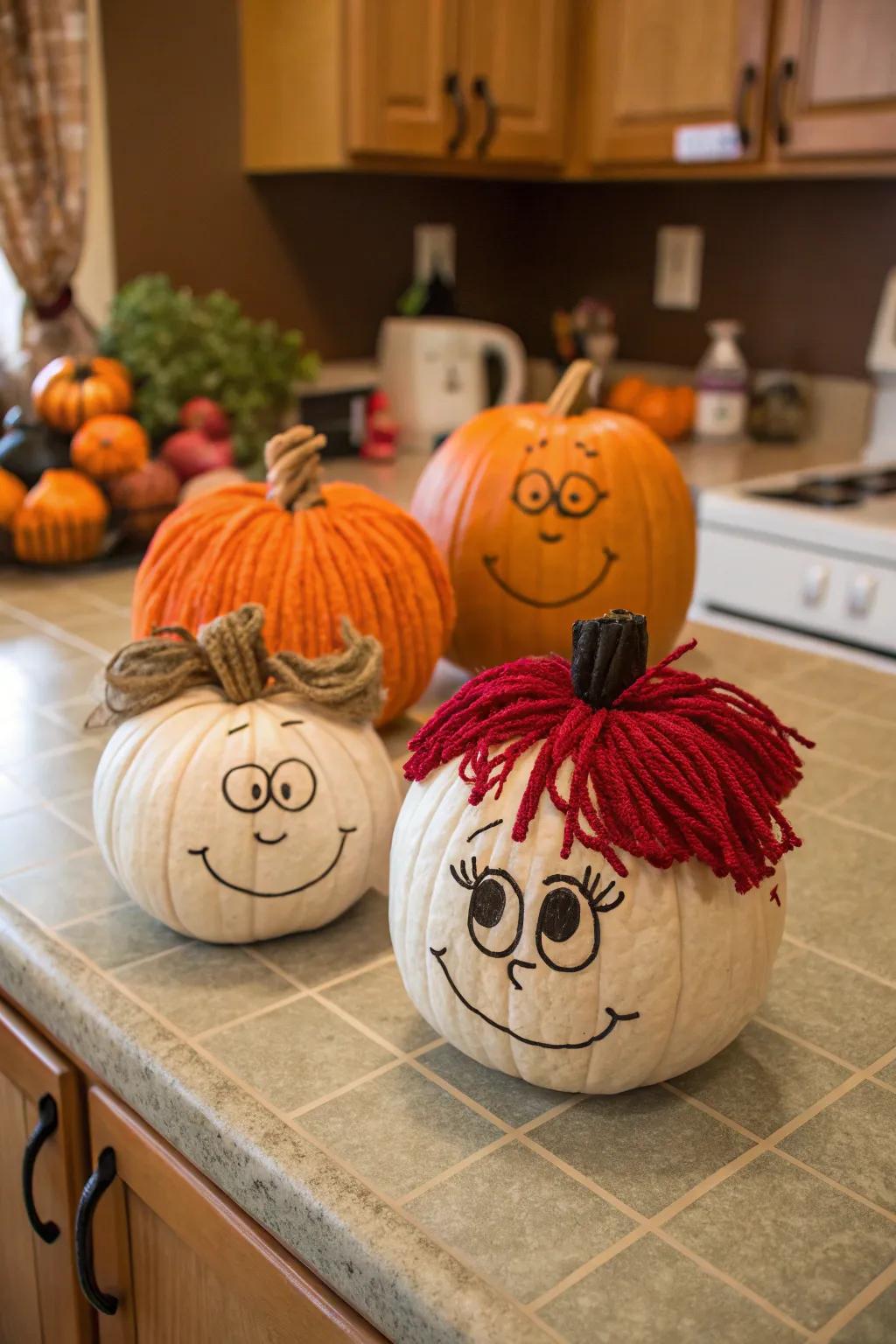 Small pumpkins crafted into a charming family of characters.