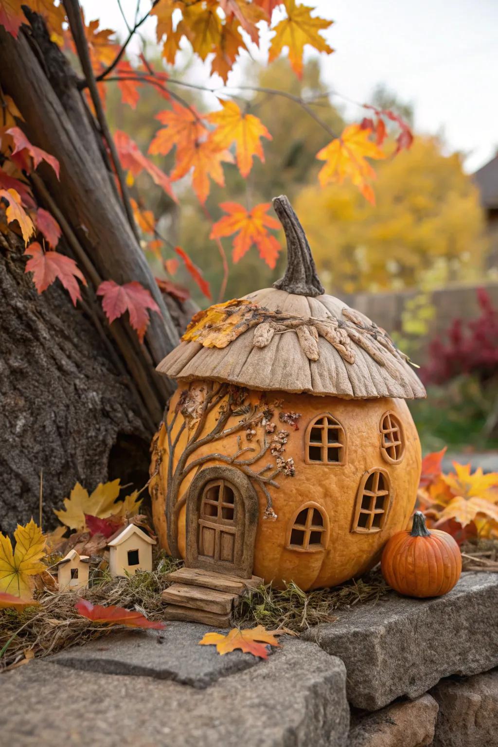 A delightful miniature house pumpkin perfect for fantasy decoration.