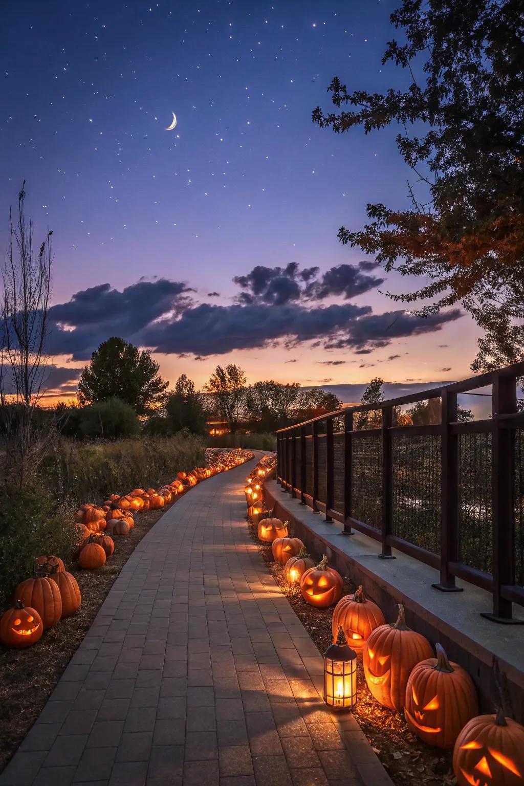 A radiant pathway illuminated by carved pumpkin lanterns.