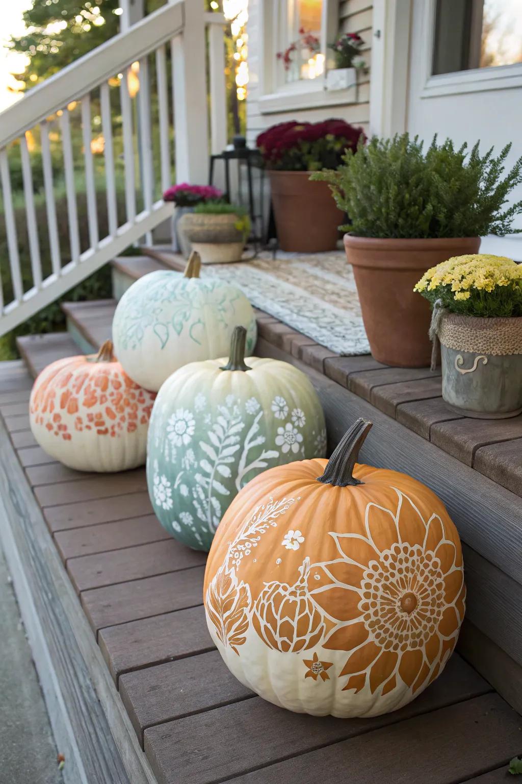 Gradient flower pumpkins give inventive panache to fall ornamentation.