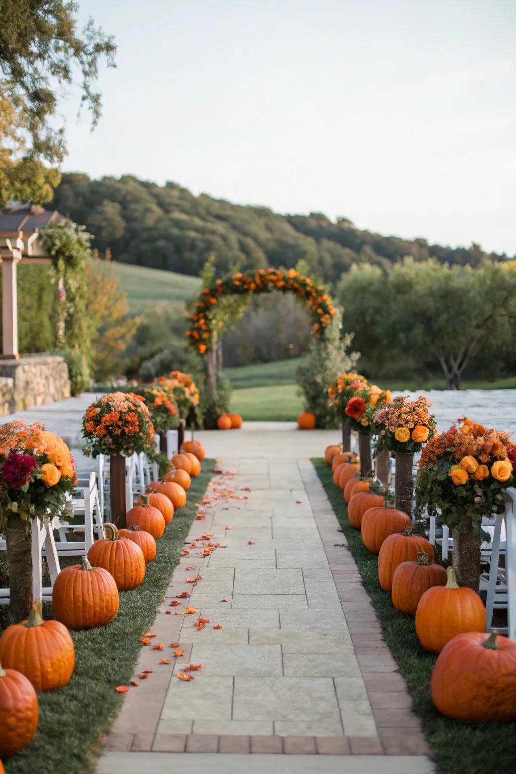 A wedding aisle beautifully ornamented by squashes and flowers.