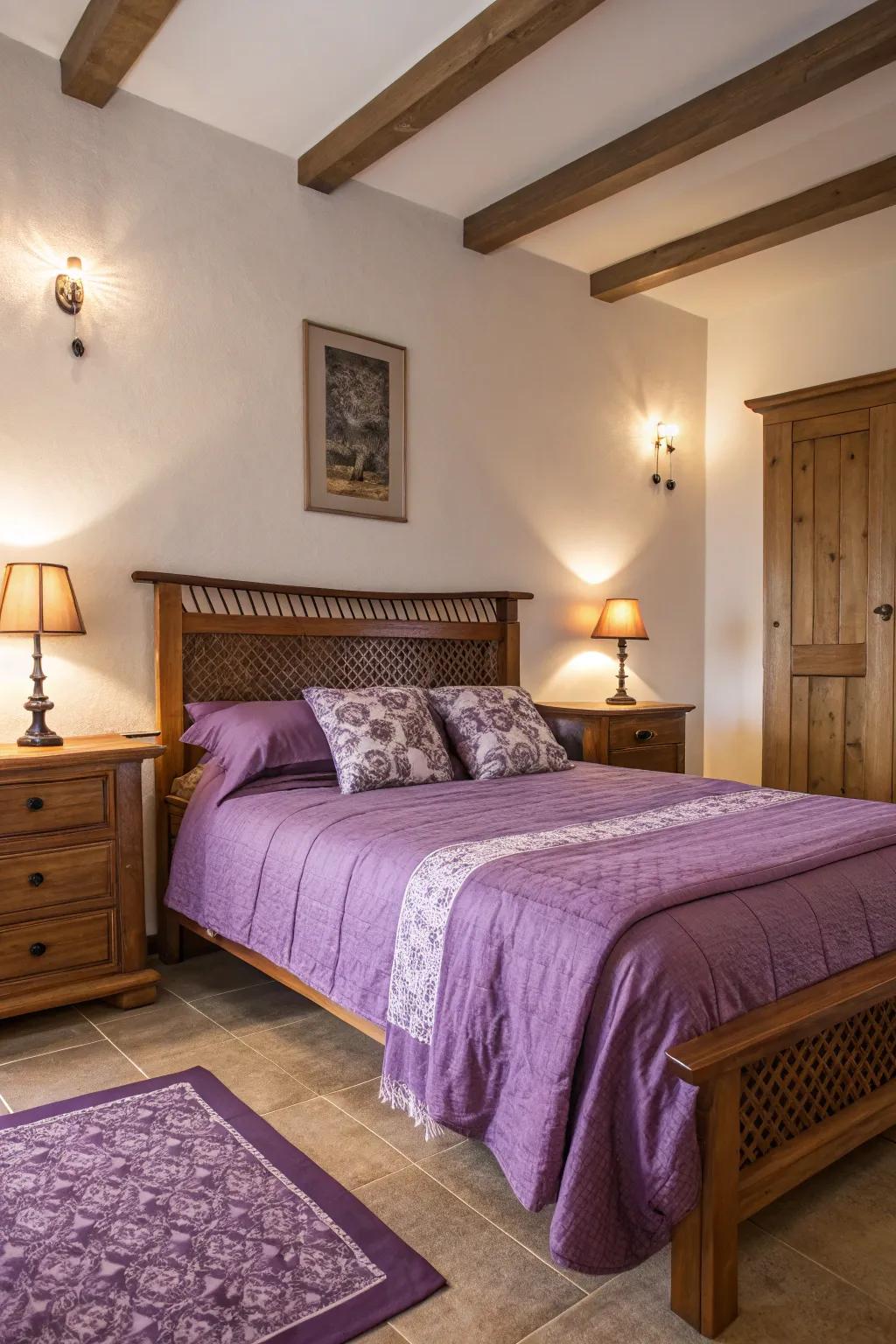 Amethyst bedding delivers a sense of boldness and warmth to this bedroom.