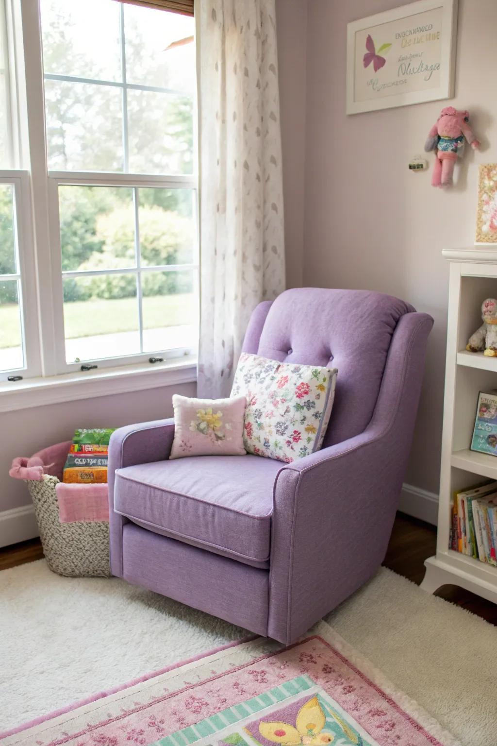 A comfy purple rocking chair enhances comfort and design.