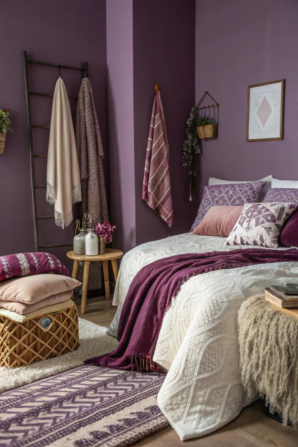 Rich weaves adding dimension to a purple-themed bedroom.