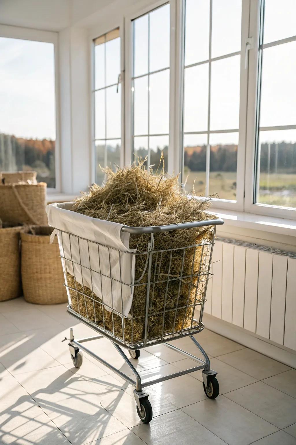 A movable laundry basket on wheels provides easy hay storage.