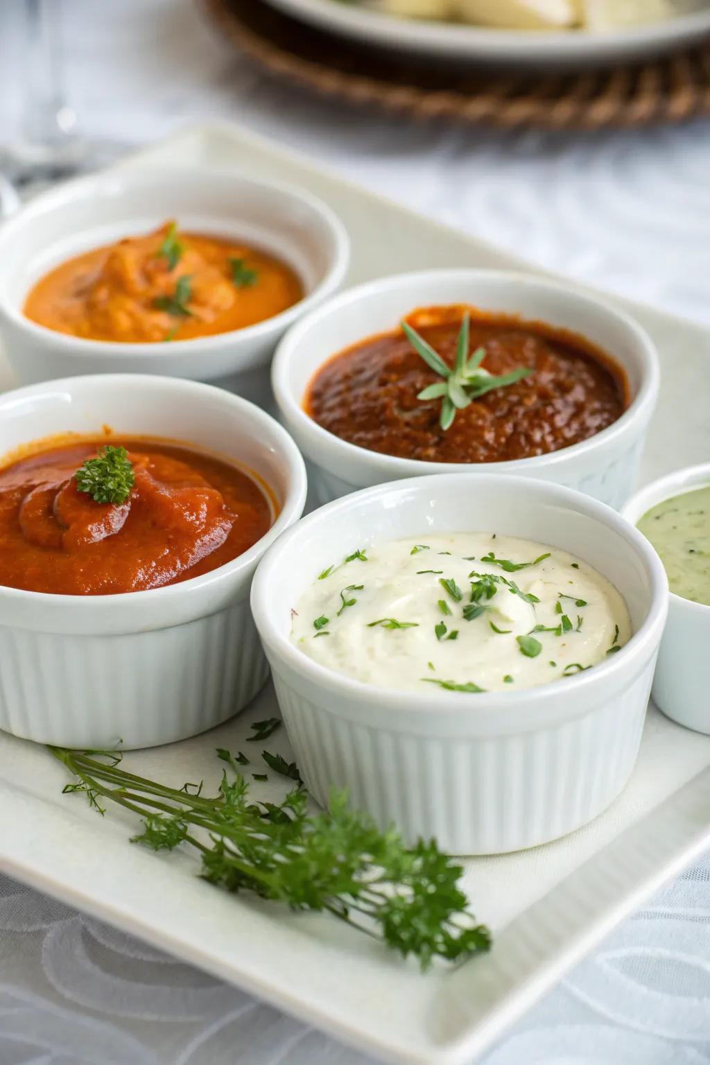 An array of sauces to complement your raclette ingredients.