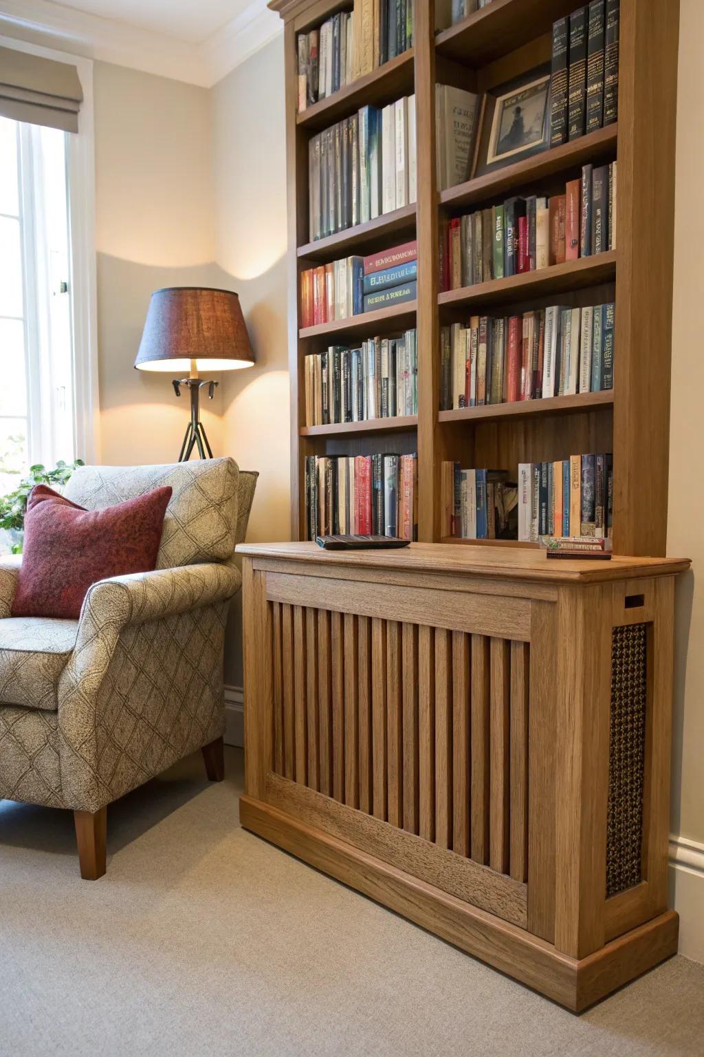 A timber radiator shield adds a warm, natural accent to a reading area.