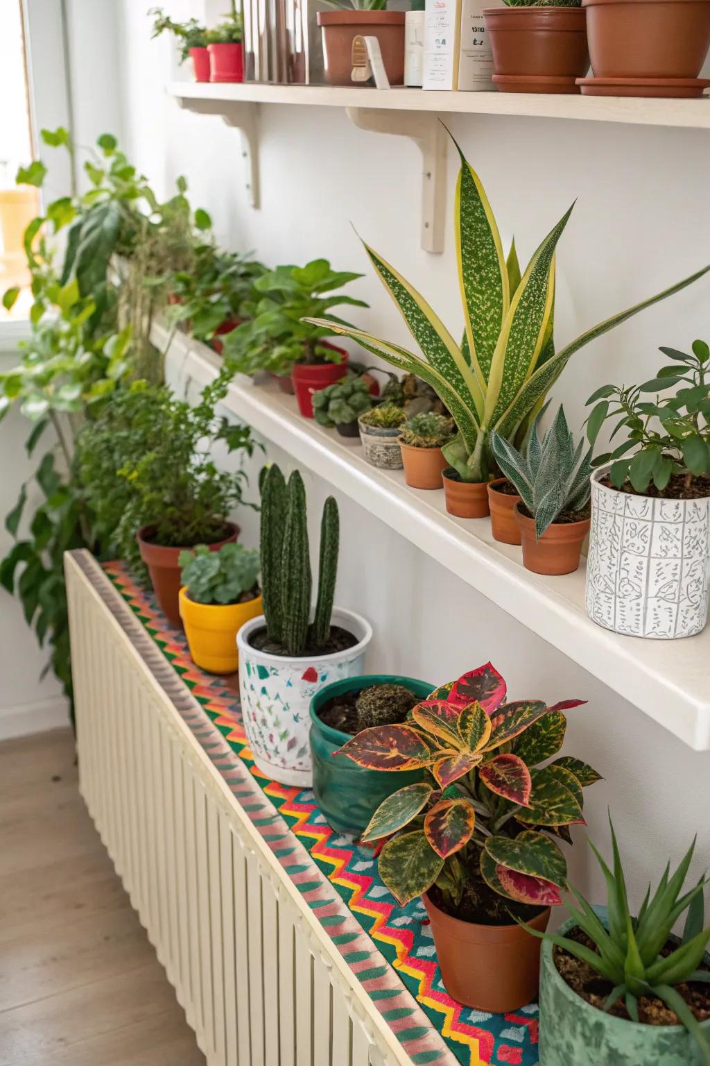 A plant arrangement on your radiator shelf introduces life and color to any space.