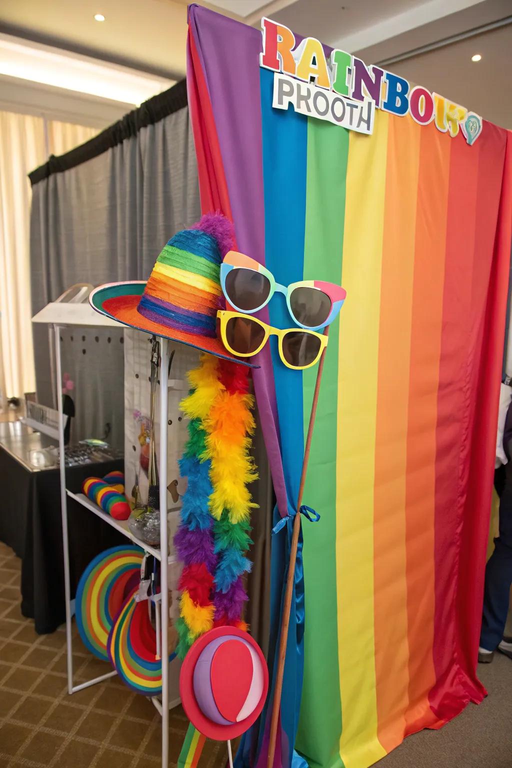 Attendees posing at a delightful spectrum photo op area, complete with vibrant novelties.