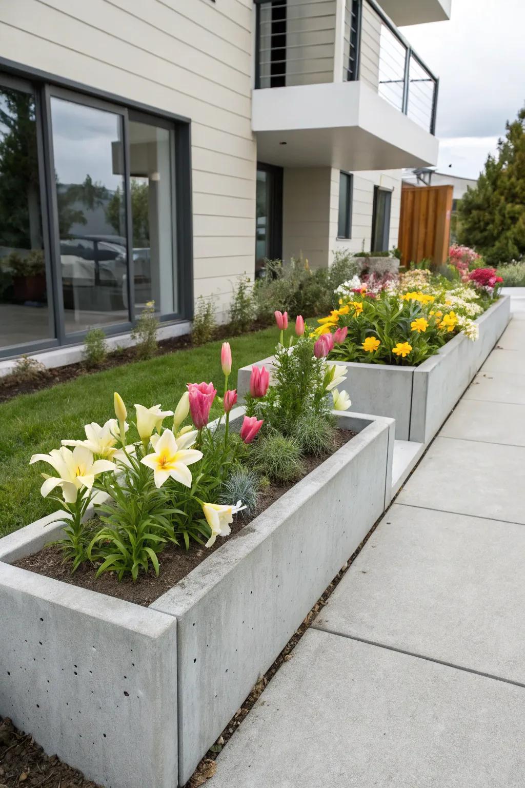 Concrete beds offer a sleek, modern aesthetic.