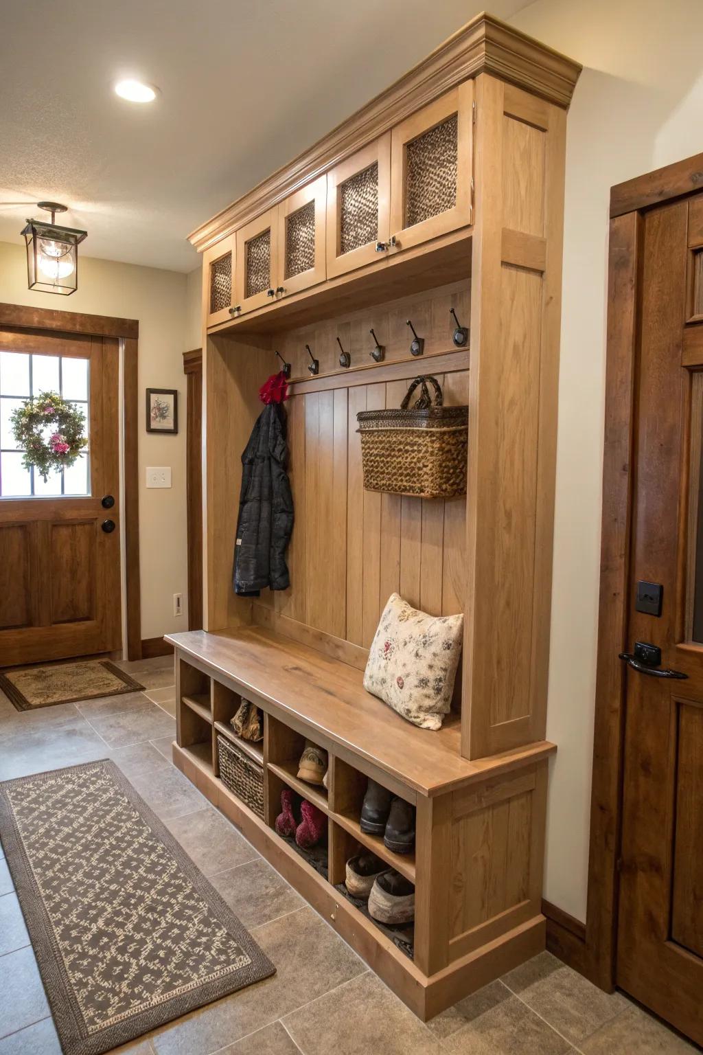 A practical storage bench provides seating and helps keep things organized.